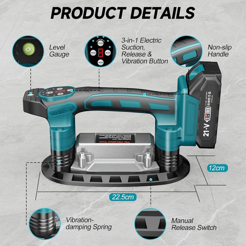 CAMXTOOL 3-In-1 Tile Vibration Tool with 2×2.0Ah Battery, Portable Cordless Tile Vibration Tool with 8.8'' Suction Cups Max 550lb, 9-Speed Adjustment, 24000 RPM, for Floor & Wall Tiles Installation - Image 2